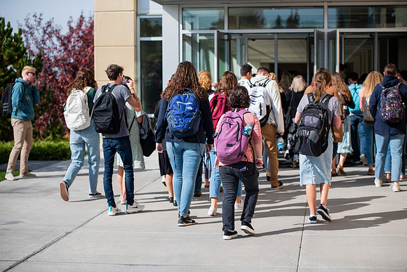 BYUI students go to devotional during spirit week.