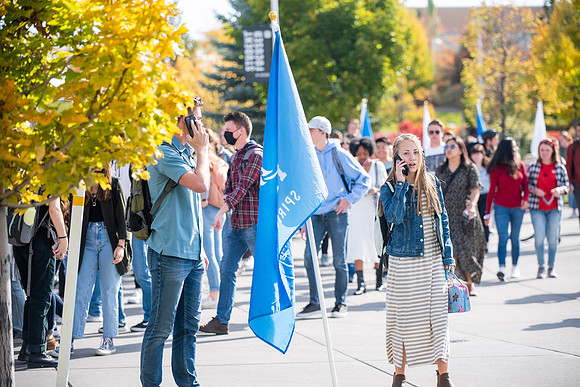 BYUI students go to devotional during spirit week.