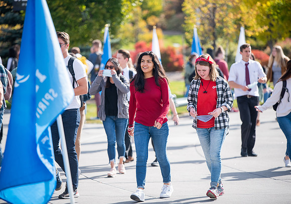 BYUI students go to devotional during spirit week.