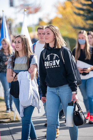 BYUI students go to devotional during spirit week.