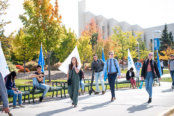 BYUI students go to devotional during spirit week.