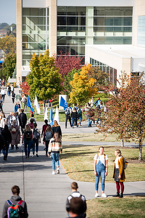 BYUI students go to devotional during spirit week.
