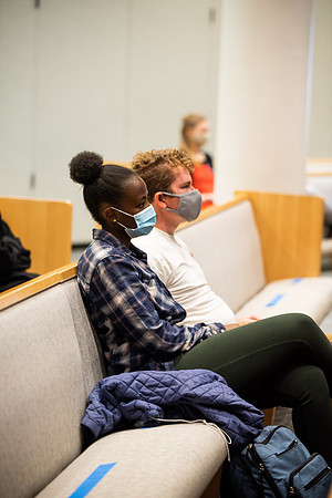 BYUI students watch sister Susan Orme's devotional in the Taylor chapel during spirit week.