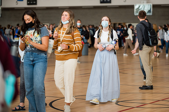 BYUI students and faculty gather by the I-Center after devotional and eat Reed's dairy ice cream to celebrate spirit week.