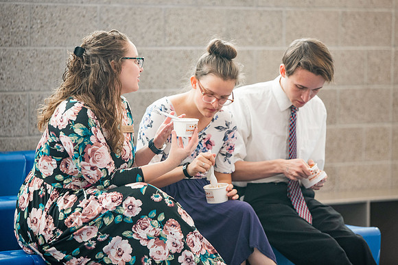 BYUI students and faculty gather by the I-Center after devotional and eat Reed's dairy ice cream to celebrate spirit week.