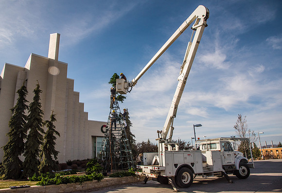 The BYU-Idaho ground keeping crew set up a christmas tree in front of the Taylor chapel. Fall Semester.