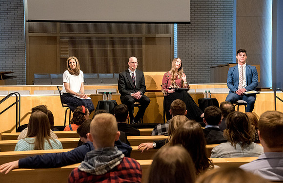 President and Sister Eyring meet with the students to answers questions about the topic of "Optimistic" at the Taylor Chapel.