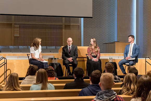 President and Sister Eyring meet with the students to answers questions about the topic of "Optimistic" at the Taylor Chapel.