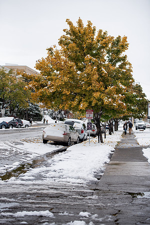 Students around campus before devotional after the first snowfall of the season during the fall 2021 semester.