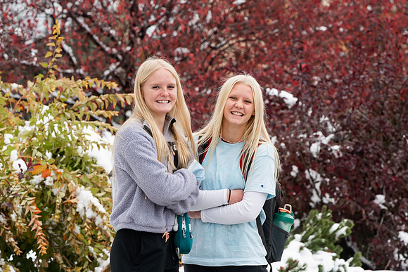 Students around campus after devotional after the first snowfall of the season during the fall 2021 semester.