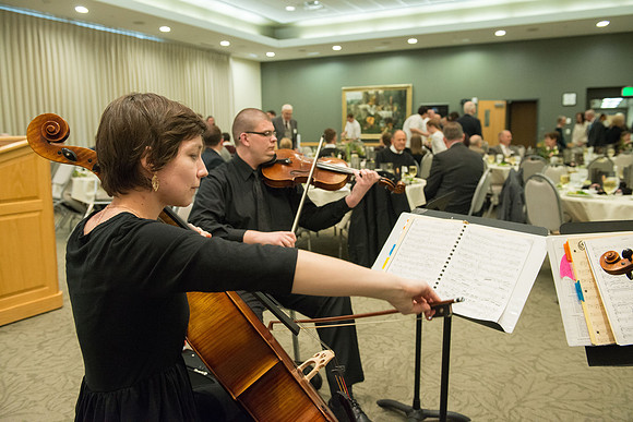 Eliza R Snow Society Evening of Honors recognizes Patricia Dienhart for her excellence in the arts for her lifelong talent and contribution to the art of Ballet. String Quartet plays background music
