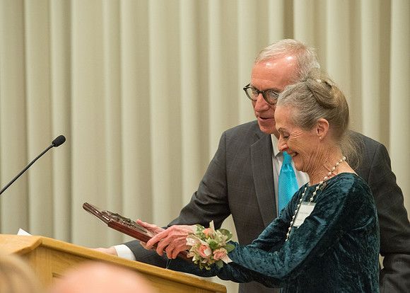 Eliza R Snow Society Evening of Honors recognizes Patricia Dienhart for her excellence in the arts for her lifelong talent and contribution to the art of Ballet. Vice President, Kelly Burgener present