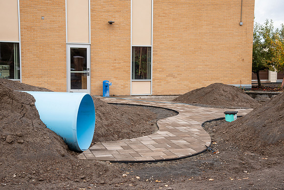 Construction of the new child development playground at the Clarke building in the fall 2021 semester.