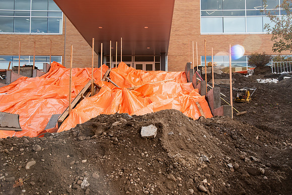 Concrete construction of the stairs outside the Manwaring Center during the Fall 2021 semester.