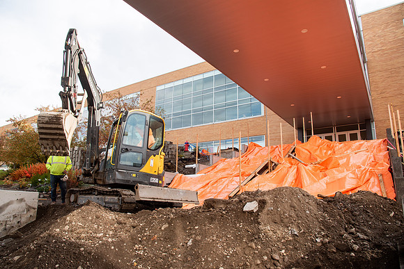 Concrete construction of the stairs outside the Manwaring Center during the Fall 2021 semester.