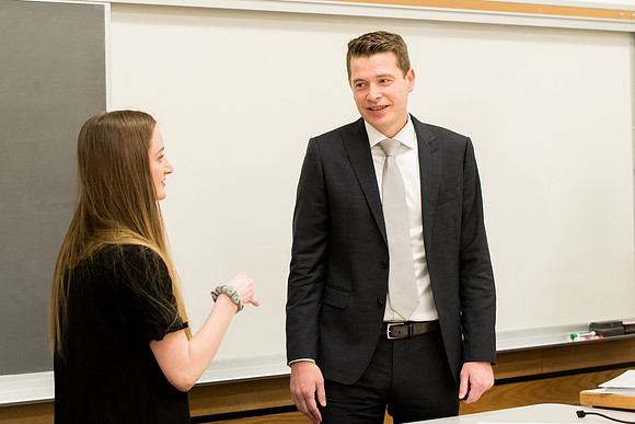 Chad Newswander, History Geography Poli Science Faculty, teaches Policy Analysis Program class.