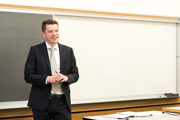 Chad Newswander, History Geography Poli Science Faculty, teaches Policy Analysis Program class.