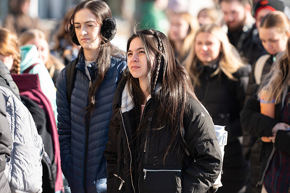 Students attend devotional with Sister Kristin M. Yee.