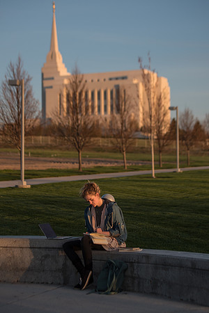 Marisa Bone takes time to study, plan, and prepare with a view of the Rexburg Idaho Temple in the background.