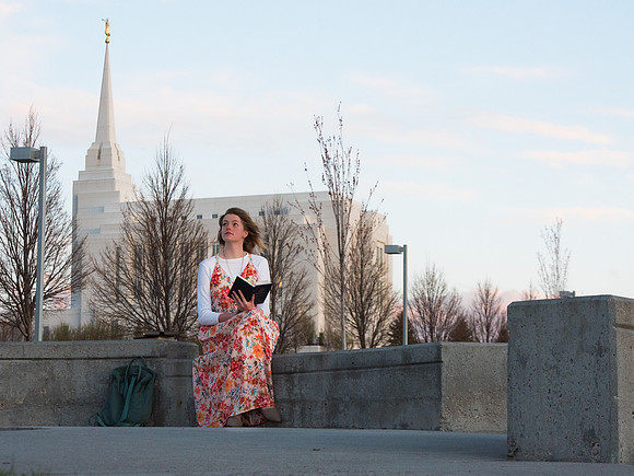 Marisa Bone takes time to study, plan, and prepare with a view of the Rexburg Idaho Temple in the background.