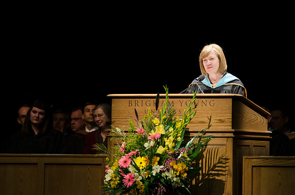 Robyn H. Bergstorm, Dean of the Business and Communication College gives closing remarks during Convocation in the Hart Auditorium.