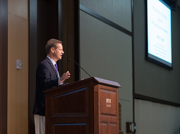 Faculty gather for a luncheon in the Manwaring Center Ballroom with Guest speaker, Dr David Yeager.