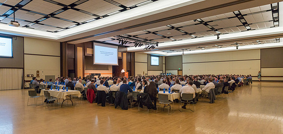 Faculty gather for a luncheon in the Manwaring Center Ballroom with Guest speaker, Dr David Yeager.
