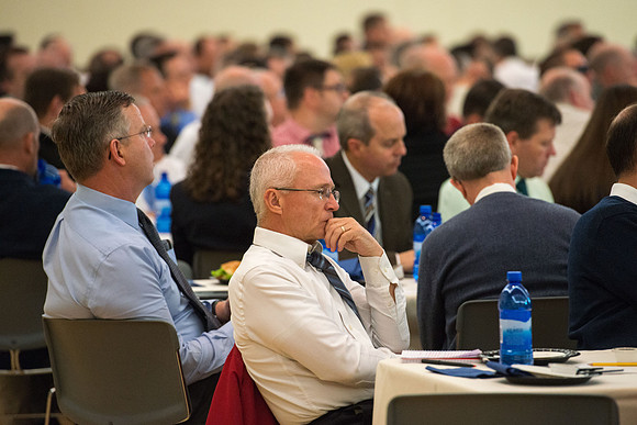 Faculty gather for a luncheon in the Manwaring Center Ballroom with Guest speaker, Dr David Yeager.