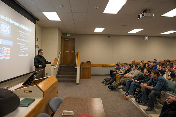 SK Tools representative Rob Conrad speaks to Automotive and Engineering students in the Austin Builiding.