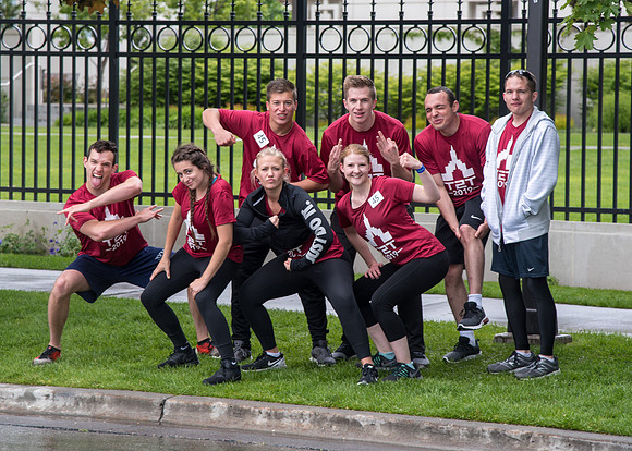 After braving the unpredictable Idaho weather in June, teams celebrate crossing the finish line near the Idaho Falls Temple in the annual temple to temple relay race.