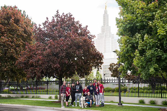 After braving the unpredictable Idaho weather in June, teams celebrate crossing the finish line near the Idaho Falls Temple in the annual temple to temple relay race.