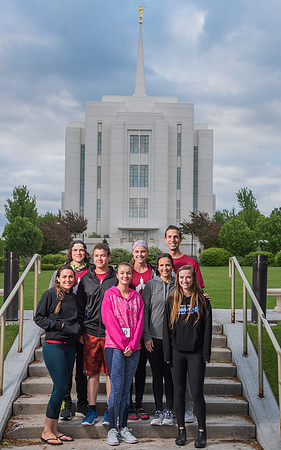 Team photos with the Rexburg temple in the background.