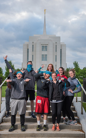 Team photos with the Rexburg temple in the background.