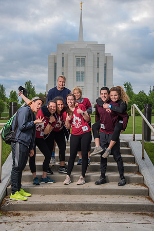 Team photos with the Rexburg temple in the background.
