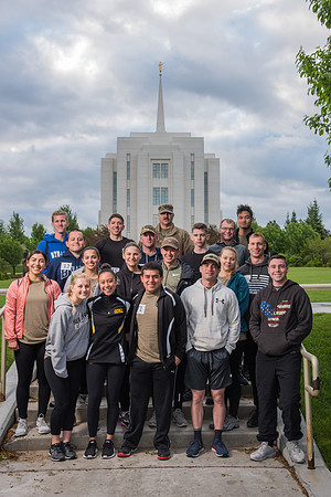 Team photos with the Rexburg temple in the background.