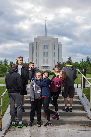 Team photos with the Rexburg temple in the background.