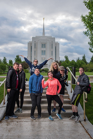 Team photos with the Rexburg temple in the background.