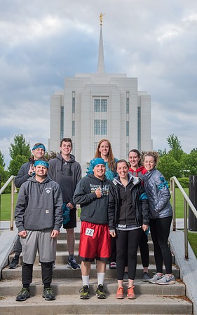 Team photos with the Rexburg temple in the background.