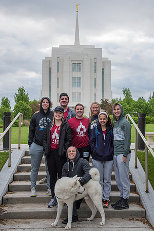Team photos with the Rexburg temple in the background.