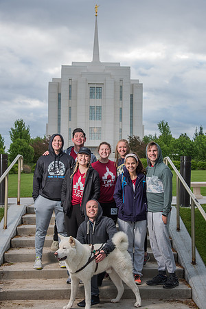 Team photos with the Rexburg temple in the background.