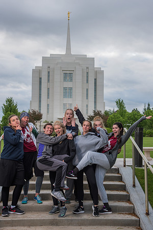 Team photos with the Rexburg temple in the background.