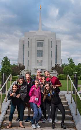 Team photos with the Rexburg temple in the background.