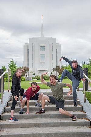 Team photos with the Rexburg temple in the background.