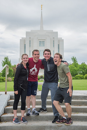 Team photos with the Rexburg temple in the background.