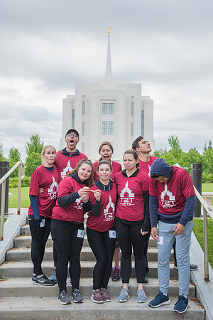 Team photos with the Rexburg temple in the background.