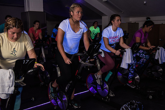 Cosmic Cycling - June 2019 - Black lights, glowsticks, Electronic Dance Music, and indoor cycling all come together for a night of fun. Held in Dance Studio 141 in the Hart building, Spring Semester.