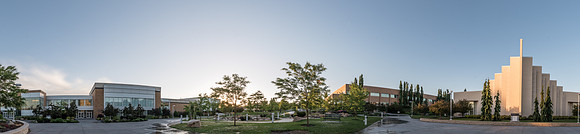 Early morning lighting. Spring Semester. Taylor Chapel, Kimball building, and the Manwaring Student Center.