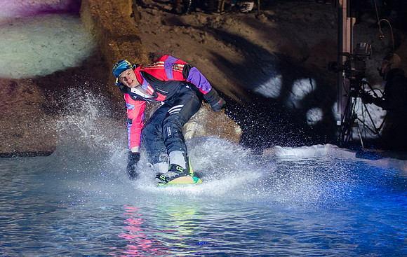 Students at Brigham Young University-Idaho take part in the annual Pond Skimming event held on campus at BYU-Idaho. Students wait in the cold or take the daring attempt to skim a pool of water using a