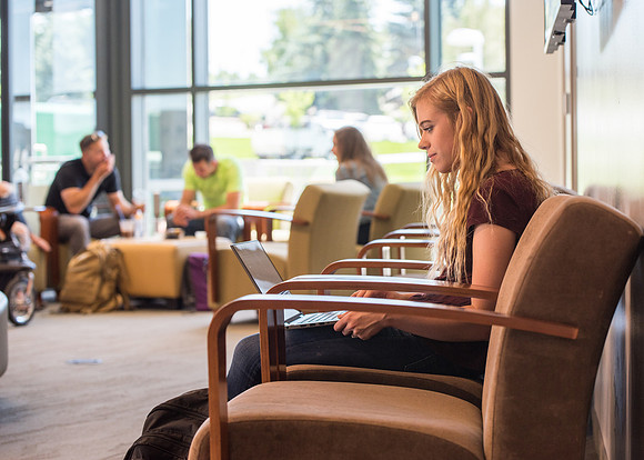 Students hitting the books inside the Science and Technology Center at Brigham Young University - Idaho.