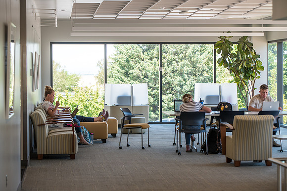Students hitting the books inside the Science and Technology Center at Brigham Young University - Idaho.